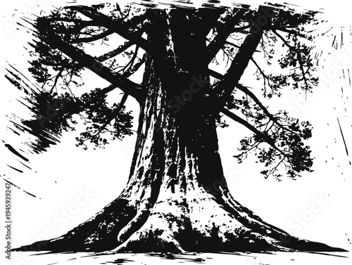 Large tree trunk with spreading branches and dense foliage silhouette illustration