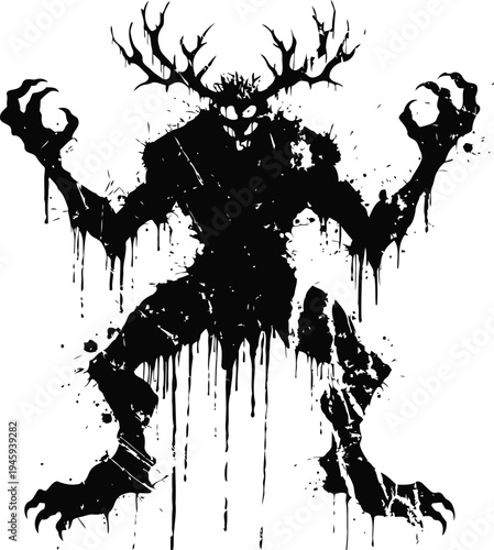 Dark monstrous creature with antlers and claws dripping ink splatter silhouette illustration