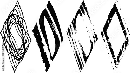 Abstract black and white diamond shapes with textured brush strokes on a white background