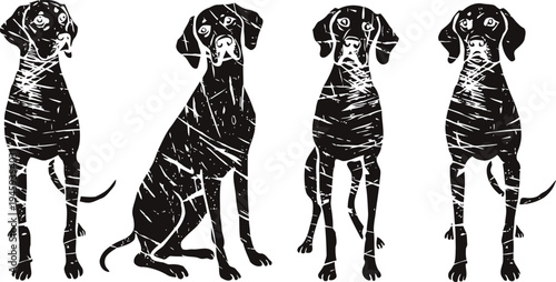set of four black silhouette dogs in different standing and sitting poses with detailed textures