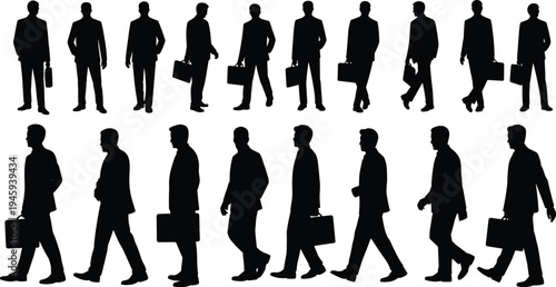 Twelve business silhouettes of professional men carrying briefcases, walking and standing poses, corporate identity, workforce diversity, office attire, career success illustration