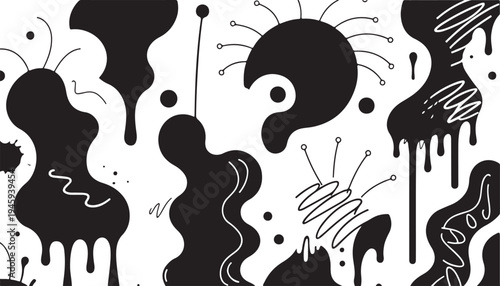 Colour ink blots. Colourful paint splatters and drips in organic splashes. Bright, playful, bold abstract graffiti spots for kids art blobs, comics, pop art design. Vector isolated set