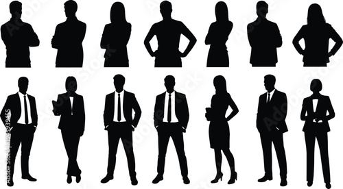 Twelve diverse business silhouettes of professional men and women in casual and formal poses, teamwork, leadership, corporate success, office communication, modern workplace illustration