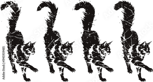 black and white illustration of four cats walking in a row with a textured rough artistic