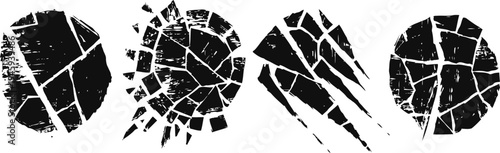 set of four black distressed grunge circle and brush stroke textures on white background