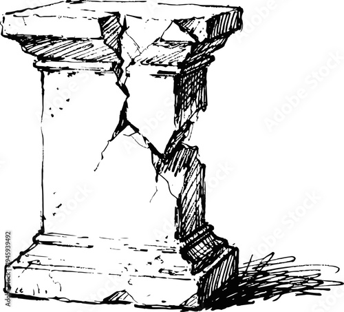 Cracked stone pedestal column base with detailed fractures and shadow drawing