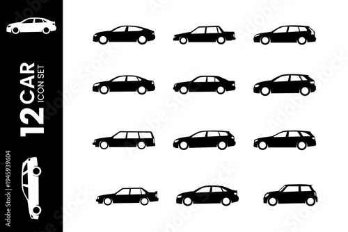 A set of black and white car icons on a clean background