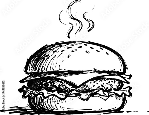 Hand drawn hot hamburger with lettuce, cheese, and steaming bun illustration