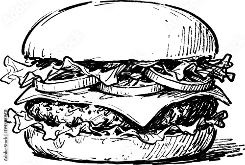 Classic cheeseburger with lettuce and tomato illustration in vintage black ink sketch