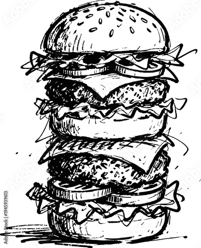 Double cheeseburger sketch hand drawn hamburger with two patties, lettuce, cheese, tomato, onion, and sesame seed bun
