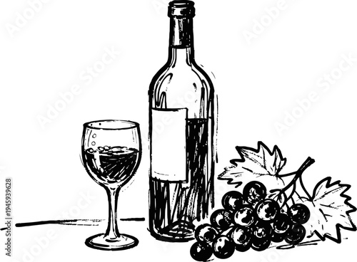 Wine bottle and glass with grape cluster and vine leaves hand drawn illustration