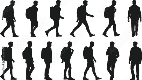 Twelve walking silhouettes of people with backpacks, human gait study, posture analysis, motion sequence, animation reference, lifestyle diversity, movement illustration