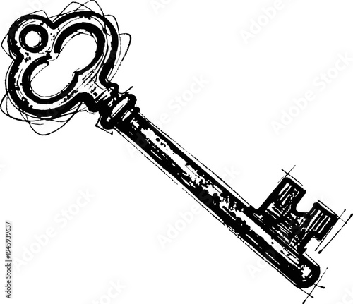 Vintage skeleton key illustration in black and white with detailed etched design