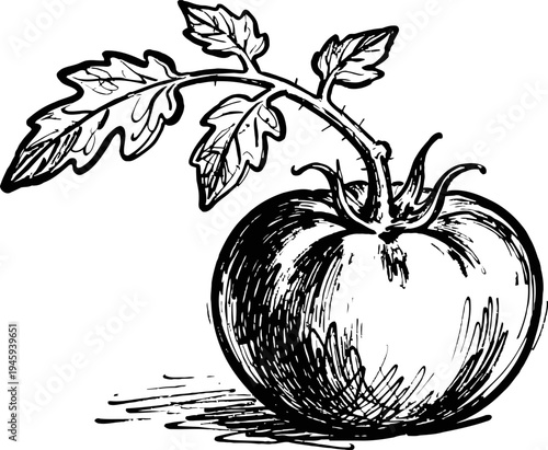 Hand drawn tomato with leaves sketch detailed vintage botanical illustration of fresh tomato fruit and stem