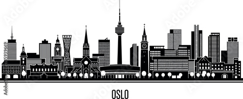 Oslo city skyline black silhouette horizontal vector illustration, famous Norway landmark buildings and urban cityscape panorama isolated on white background