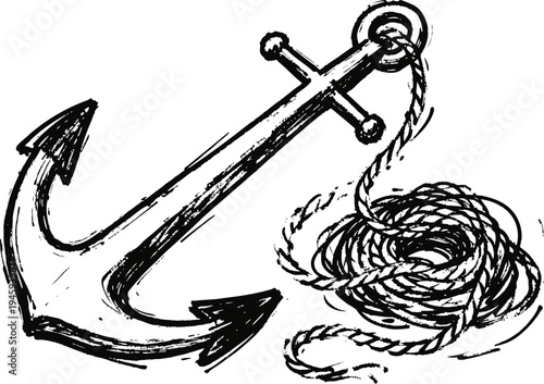 Hand drawn nautical anchor with coiled rope illustration in vintage sketch