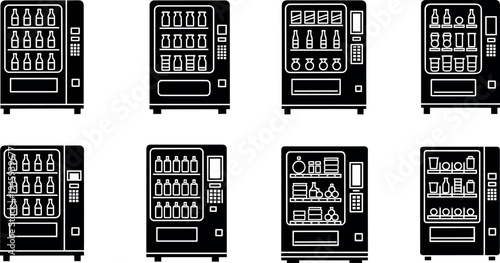 Set of black vending machine icons, silhouette of automatic beverage and snack dispensers, retail equipment vector elements on white background