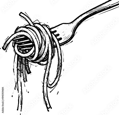 Fork twirling spaghetti noodles in a classic hand drawn sketch illustration