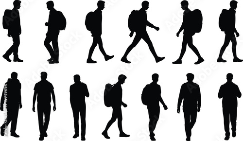 Twelve walking silhouettes of people with backpacks, side, front, and back views, human gait study, posture analysis, animation reference, lifestyle diversity illustration
