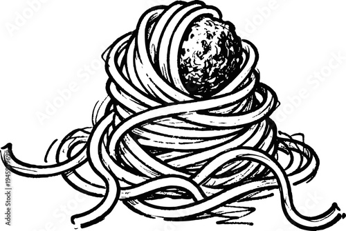 Spaghetti with meatball illustration simple black and white hand drawn pasta and meatball line art drawing