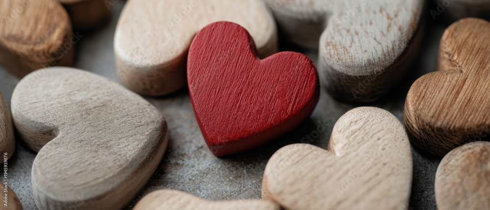 Obraz premium The Red Heart Among Natural Wooden Hearts on Rustic Surface