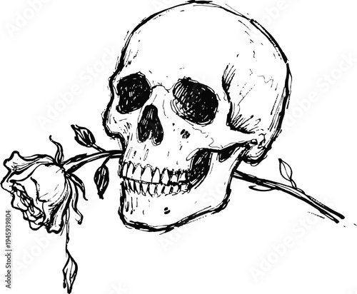 Skull holding a rose in its teeth gothic anatomy sketch with flower and bones