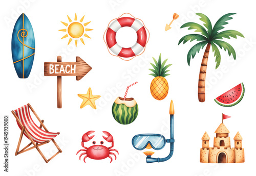 Summer seaside illustration set with palm tree surfboard beach chair and tropical fruits watercolor.