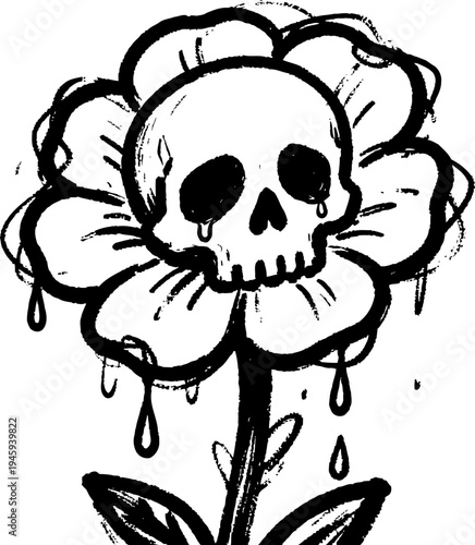 Black and white sad skull flower with dripping tears and leaves, gothic floral illustration