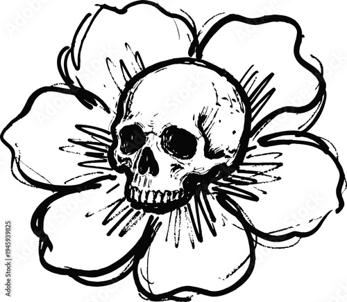 Skull centered inside a large flower outline gothic floral design with detailed shading and textures