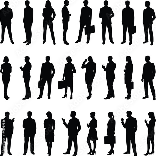 Twenty-four diverse business silhouettes of professional men and women in corporate attire, teamwork, leadership, communication, office diversity, career success, workplace illustration