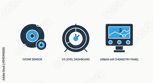 Environmental air quality monitoring icons: ozone sensor, co2 dashboard, and urban air chemistry panel