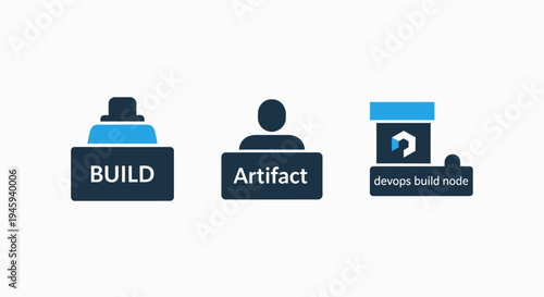 Devops software development icons: build process, artifact management, and build node operations