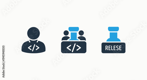 Agile software development workflow and deployment process icons set