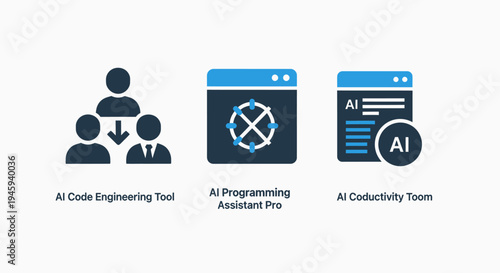 Artificial intelligence programming icons: AI code engineering, assistant, and productivity tools