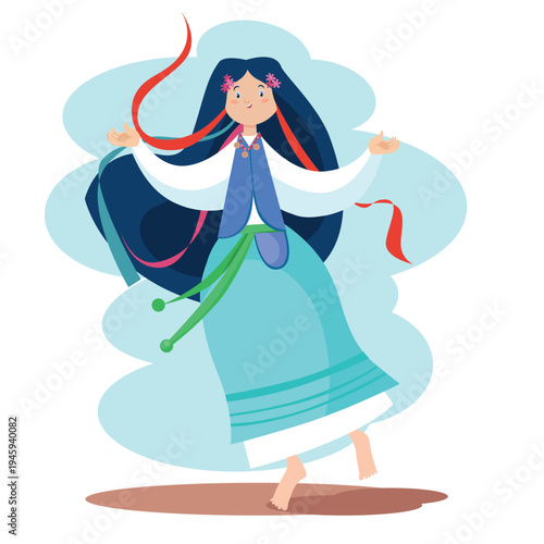 Beautiful Ukrainian girl in traditional folk costume dancing, young woman with long dark hair and ribbons.