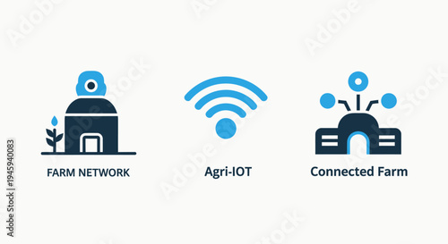 Smart farming agri-iot, farm network, and connected farm technology icons for modern agriculture