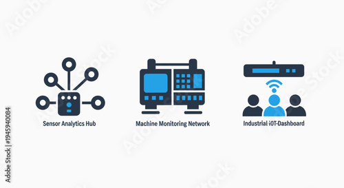Industrial iot sensor analytics and machine monitoring dashboard icons