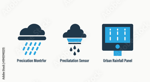 Rainfall precipitation monitoring system icons for weather forecasting and environmental management