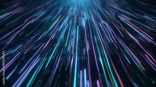 Abstract digital data stream motion of colorful glowing lines on dark background