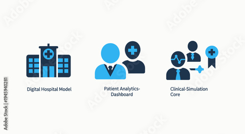 Digital hospital, patient analytics, and clinical simulation icons for modern healthcare management