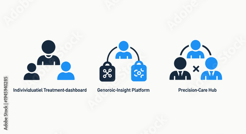 Healthcare patient care icons for personalized treatment, insight platforms, and precision medical hubs