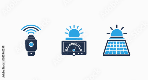 Wireless technology icons for smart devices, renewable energy, and sustainable power solutions
