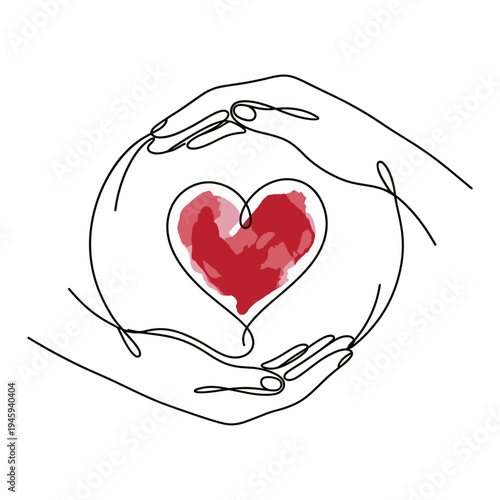 Heart care and protection concept with hands surrounding red watercolor heart symbolizing healthcare, support and life insurance.