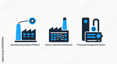 Manufacturing and production management icons: factory operations, analytics platform, and system control vector set