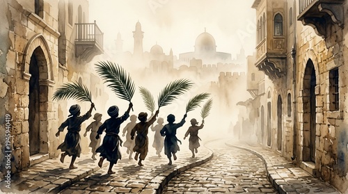 Triumphal Entry of Jesus into Jerusalem Palm Sunday Biblical Scene Christian Art Watercolor Painting