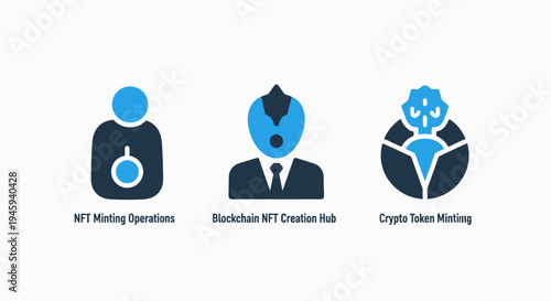 Nft and crypto token minting icons: blockchain creation, digital assets, and cryptocurrency operations vector set