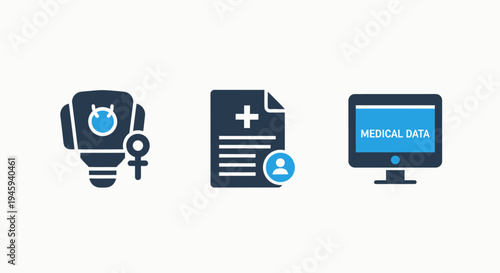 Digital medical data management and patient health records icons for healthcare technology systems
