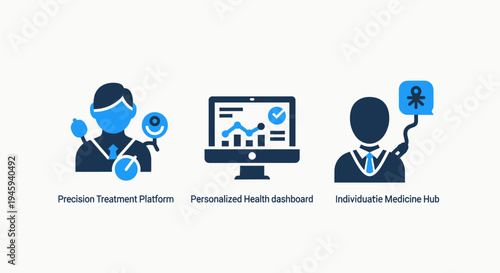 Personalized healthcare and precision treatment icons: health dashboard, individual medicine, and platform monitoring vector set