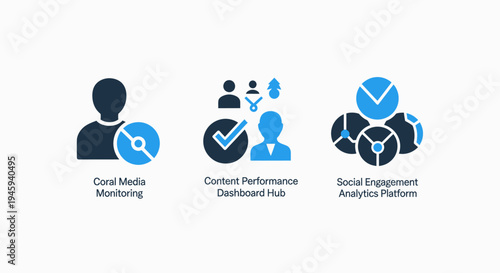 Social media engagement and performance icons: content monitoring, analytics platform, and user interaction vector set