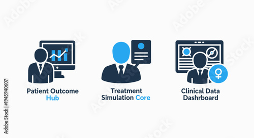 Patient outcome hub and clinical data dashboard icons for treatment simulation and healthcare management systems